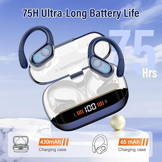 Wireless Earbuds Bluetooth Headphones Stereo Deep Bass Sports Ear Buds with Earhooks, Bluetooth Earbuds, LED Display, IP7 Waterproof Earphone, Dark Blue