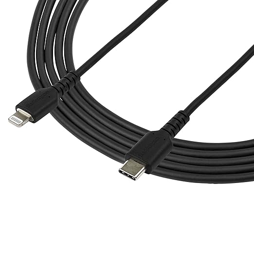 StarTech.com 6 Foot (2m) Durable Black USB-C to Lightning Cable - Heavy Duty Rugged Aramid Fiber USB Type C to Lightning Charger/Sync Power Cord - Apple MFi Certified iPad/iPhone 12 (RUSBCLTMM2MB)