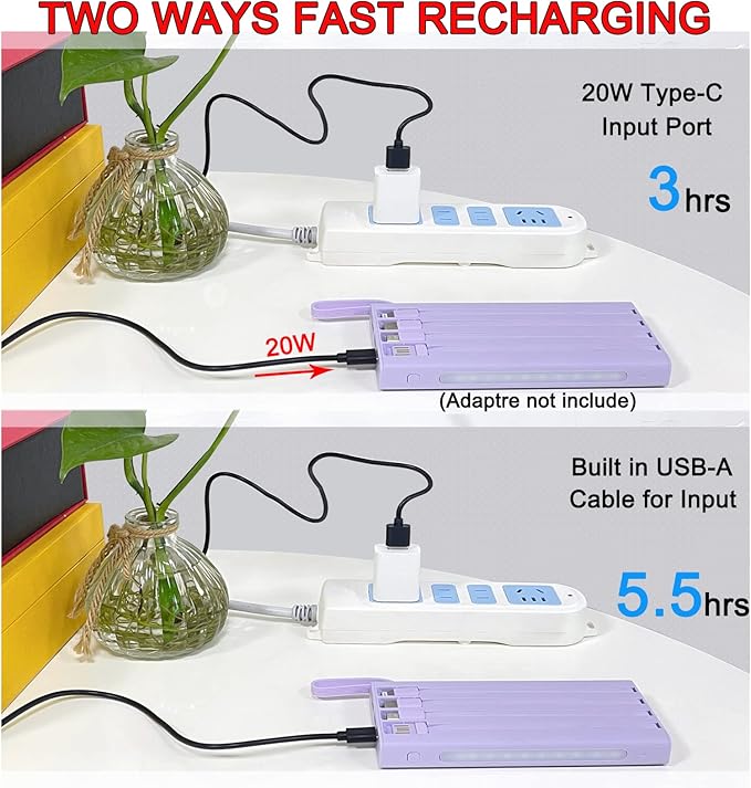 Portable Charger with Built in Cables,Mandarooker 10000mAh Power Bank with LED Lamp Fast Charging USB C External Battery Pack Phone Charger with LED Display for iPhone, Samsung and Cell Phones(Purple)