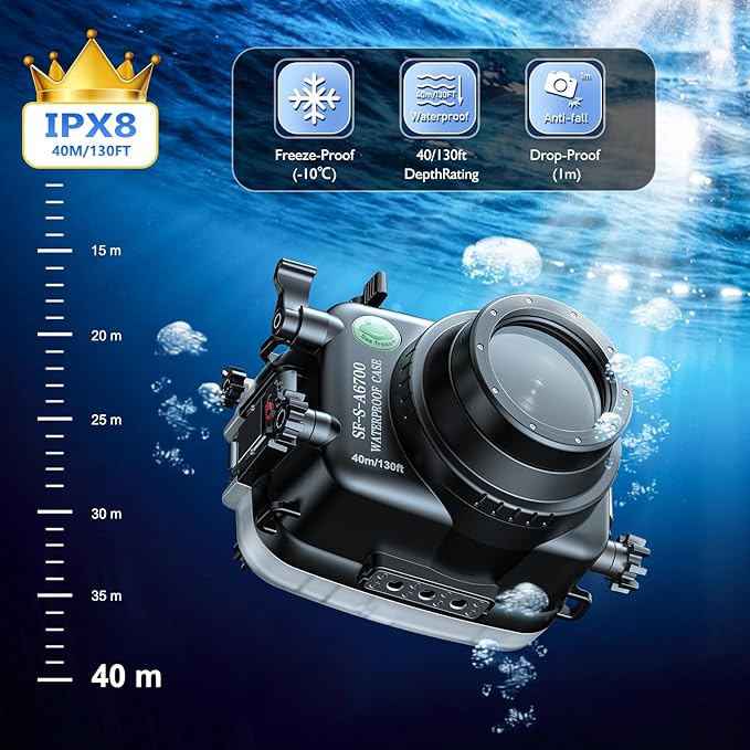 Sea frogs Underwater Camera Housing Compatible with Sony A6700 E 4/10-18 OSS IPX8 Maximum Diving Depth 40m/130ft Waterproof Camera Case for Diving, Surfing, Rowing, Skiing