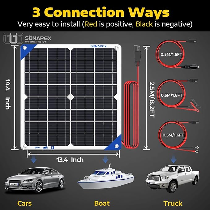 SUNAPEX Solar Battery Charger Maintainer, 20W 12V Portable Waterproof Solar Panel Trickle Charger with Built-in Charge Controller, Cig Plug, Alligator Clips, O-Rings for Car, Truck,Tractor, Boat, etc