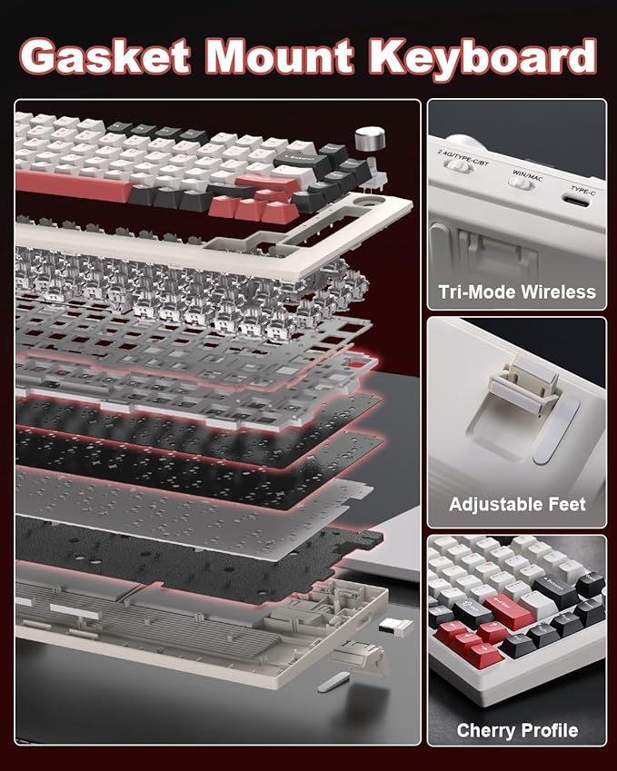 Y75 Wireless Mechanical Keyboard,75% Hot Swappable Custom Keyboard with Knob,RGB Backlit, PBT Keycaps,2.4GHz/USB-C/BT5.0 Mechanical Gaming Keyboards(White&Red,Milk Switch)