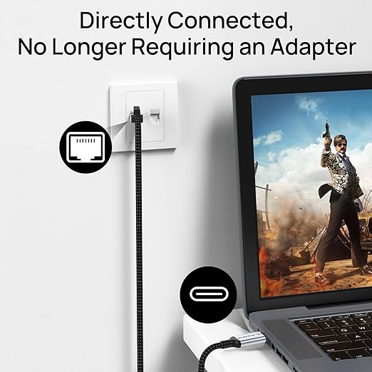 USB C to Ethernet Cable 5FT, Type C to RJ45 Nylon Cord, Gigabit Directly Connected, Compatible for MacBook Pro, iPad Pro, Smartphone, Laptop, PC