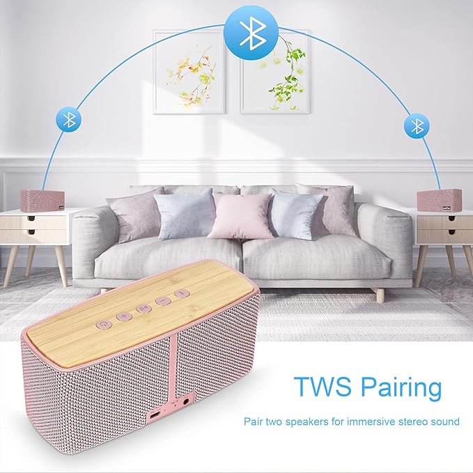 comiso Bluetooth Speakers, Portable Speaker 5.0 with 20W Stereo Sound, Wireless Stereo Pairing, Wood Bluetooth Audio with Subwoofer, 24H Playtime, Hands-Free, Great for Office, Home, Outdoor(Pink)
