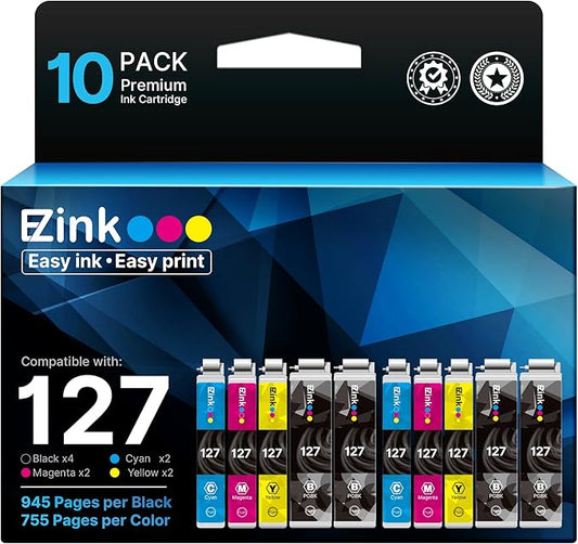 E-Z Ink Remanufactured Ink Cartridges Replacement for Epson 127 T127 to use with NX530 625 WF-3520 WF-3530 WF-3540 WF-7010 WF-7510 7520 545 645 (4 Large Black, 2 Cyan, 2 Magenta, 2 Yellow) 10 Pack