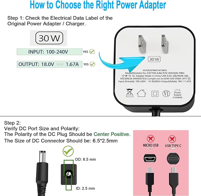 30W Charger Compatible with Alexa Echo (3rd 4th Gen), Echo Show 8 (1st 2nd Gen), Echo Show 10, Echo Show 15, Echo Show (2nd Gen), Echo Plus 2nd Gen 18V 1.67A AC Power Adapter Cord.