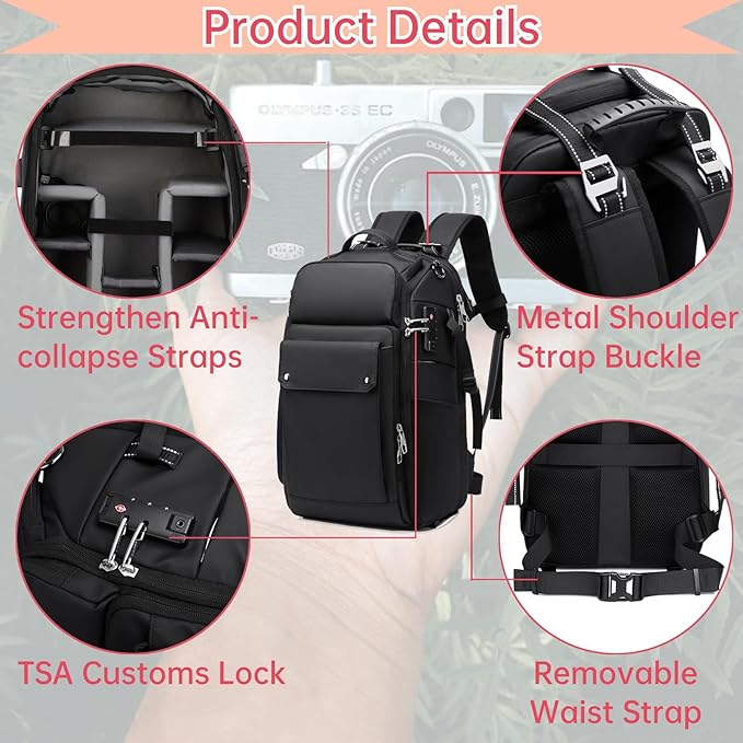 Camera Backpack Large, Waterproof Camera Bag for Mirrorless and DSLR with TSA Lock,Quick Access,17-Inch Laptop Compartment, Adjustable Straps - Fits Camera Stabilizer,Drone, Black