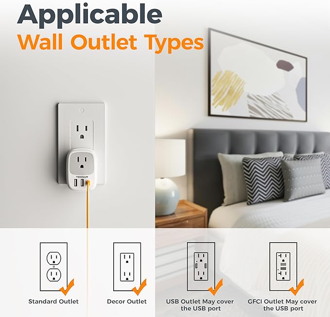 Wall Charger Block, 3 USB Charging Ports (1 USB C) and 1 AC Outlet Splitter, TESSAN 1875W Wall Outlet Extender, Multi Plug Adapter for Cruise, Home, Office, Dorm Room Essentials