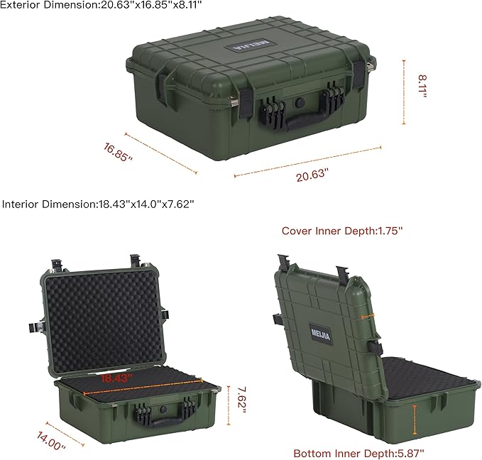 MEIJIA Portable All Weather Waterproof Protective Hard Case,Compact Camera Case with Customizable Fit Foam,Fit Use of Drones,Camera,Equipments,20.62 x16.85x8.11inches (Green)