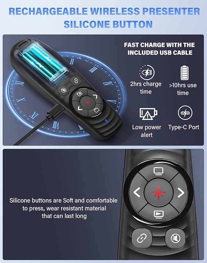 Presentation Clicker Wireless, 2-in-1 USB/Type C Rechargeable Presenter Remote Control for PowerPoint, PPT Clicker Red Laser Pointer, Slide Advancer RF2.4GHz (Red Light, USB C Rechargeable)