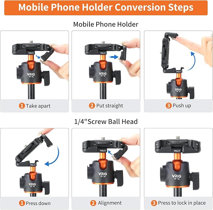 VRIG TP16 Camera Tripod, 55 inch Extendable Phone Selfie Stick Camera Tripod Stand with 2 in 1 Phone Clip, 5 Levels Adjustment 360° Ball Head Loads Up for Pocket 3 Insta360 X5 iPhone Sony Canon