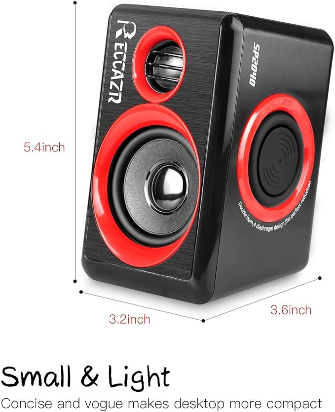Computer Speakers, 2.0 CH PC Speakers with Surround Sound, USB Wired Laptop Speakers with Deep Bass for Desktop Computer/PC/Laptops/Smart Phone Build-in 4 Loudspeaker Diaphragm Reccazr SP2040|RED