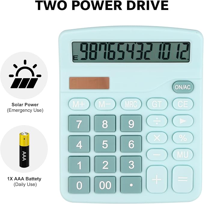 Desk Calculator, Envysun 12-Digit LCD Display Office Calculator – Dual Power, Compact and Lightweight, Easy-to-Read Display, Durable for Business, School, and Home (Light Blue)