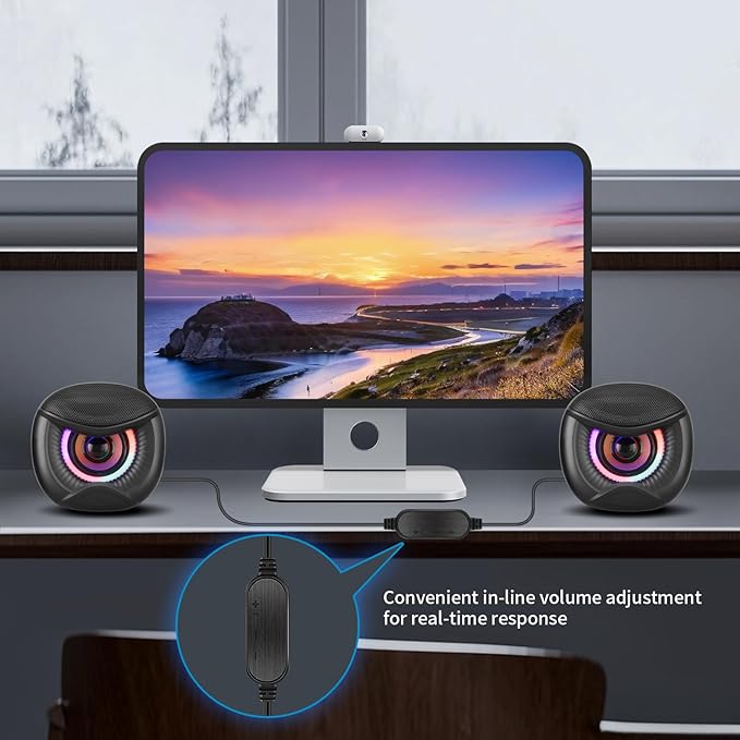 USB Computer Speakers for RGB Lighting, PC Speakers with a USB-C Interface are Suitable for Desktop Laptop Monitor, Owl Eye Design, Colorful Lights