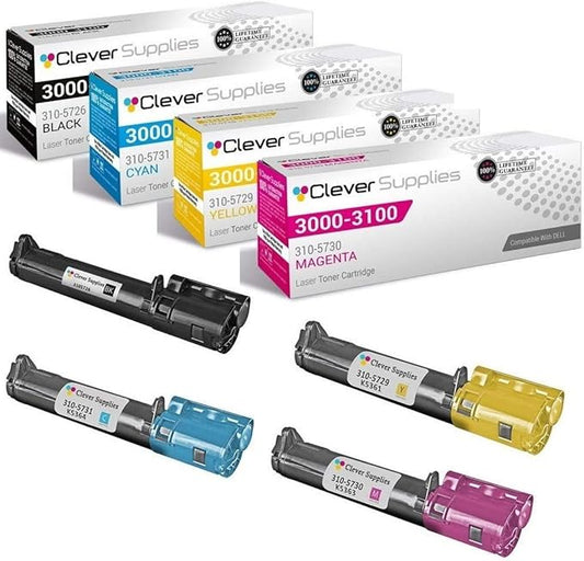 CS Replacement Toner Cartridge Compatible with Dell 3000 310-5726 Black 310-5731 Cyan 310-5729 Yellow 310-5730 Magenta 3000 3000cn 3100 3100cn 4 Color Set