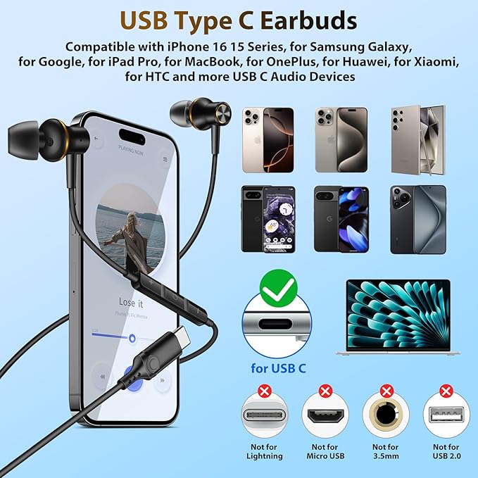 COOYA USB C Headphones for Samsung Z Fold Flip 7 S25 Ultra A16 Magnetic Wired Earbuds HiFi Stereo Type-C in-Ear Earphone w/Remote & Mic for iPhone 17 16 Pro iPad 10 Pixel 9 8 School Chromebook Laptop
