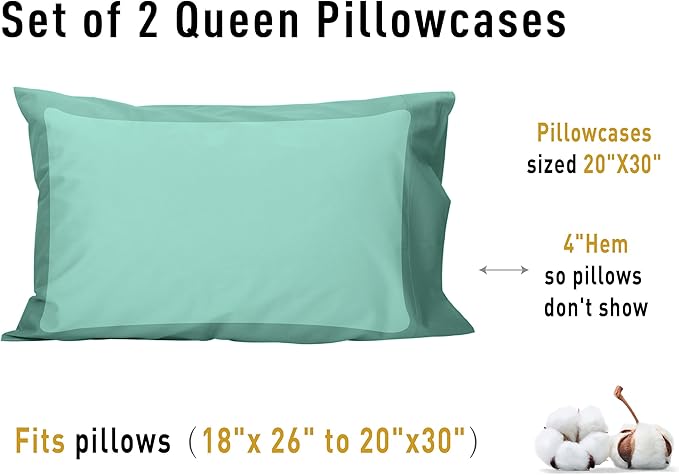 Sunflower Queen Pillowcases Set of 2, 100% Cotton Queen Size Pillow Cases 2, 20×30 inches Sagebrush Green, Soft and Breathable