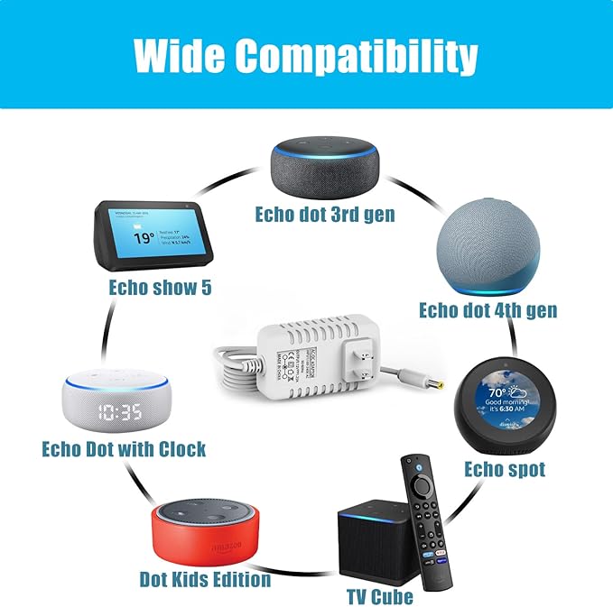 15W Power Cord Replacement for Alexa Dot 3rd Gen/4th Gen/5th Gen/Kids Edition/TV Cube/Show 5/ Echo Pop/C78mp8/GP92NB Charger, Adapter Charger Power Cord, 6.5Ft