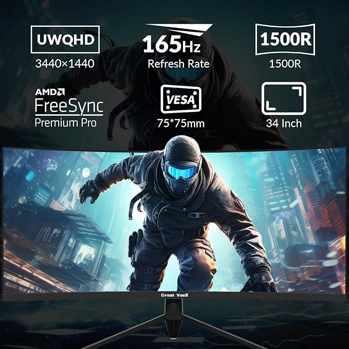 34 Inch Curved Gaming Monitor, UWQHD 3440x1440, 165Hz 1ms, Ultrawide 1500R, FreeSync, HDR, 99% sRGB, HDMI 2.0/DP 1.4, Eye Care, VESA Mountable, Tilt Adjustable