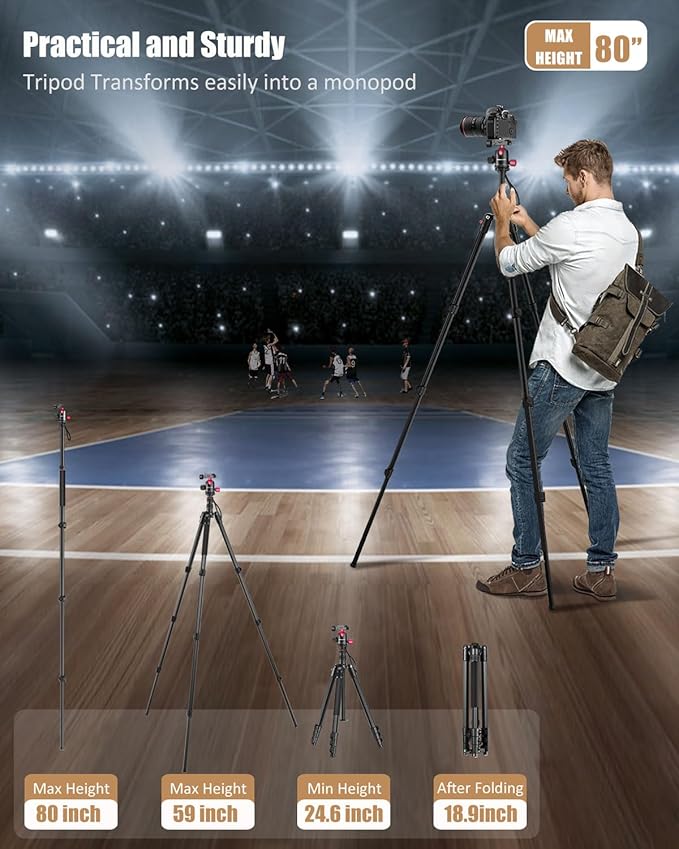 80"-Professional-DSLR-Camera-Tripod, SLR Ball Head Aluminum Photography Tri pod & Monopod with Carry Bag Compatible with Canon/Nikon/Binoculars/Telescope (Weight 3.6 Lbs, 33Lbs Load)