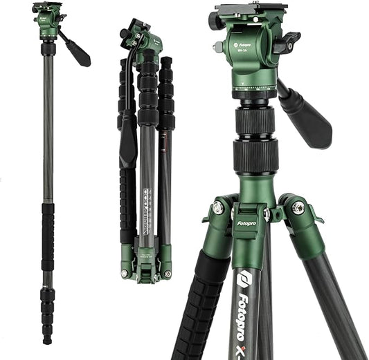 Fotopro 59" Carbon Fiber Travel Tripod, Compact Video Tripods with Fluid Head, Detachable Monopod with Arca-Swiss Quick Release Plate and Bag, Camera Tripod Load up to 8KG/17.63lbs, Green