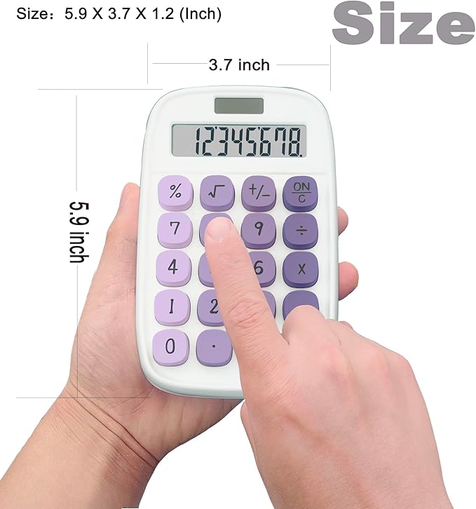 Mechanical Calculator, Cute Calculator with Dual Power 8 Digit Tilt Screen and Big Button for Teachers Students Basic Office (White and Purple)