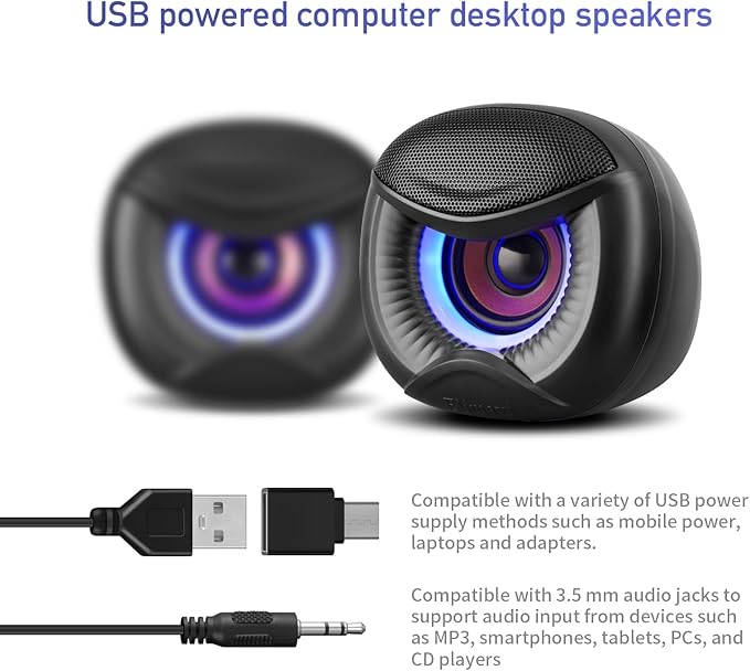 USB Computer Speakers for RGB Lighting, PC Speakers with a USB-C Interface are Suitable for Desktop Laptop Monitor, Owl Eye Design, Blue Lights