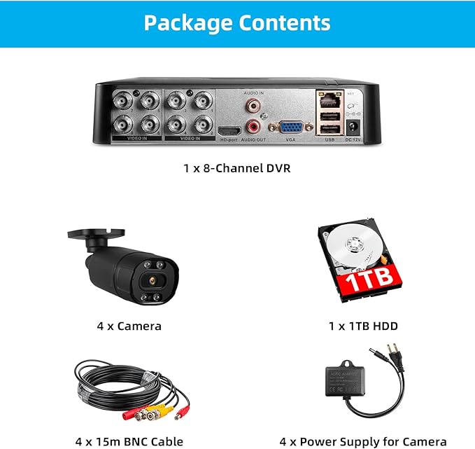 8CH H.265+ DVR and 4 x 1920TVL 2MP Home CCTV Cameras,Wired Security Camera System Outdoor, Smart face Capture and face Retrieval Functions,Email Alert, Mobile APP & PC Remote,1TB Hard Drive