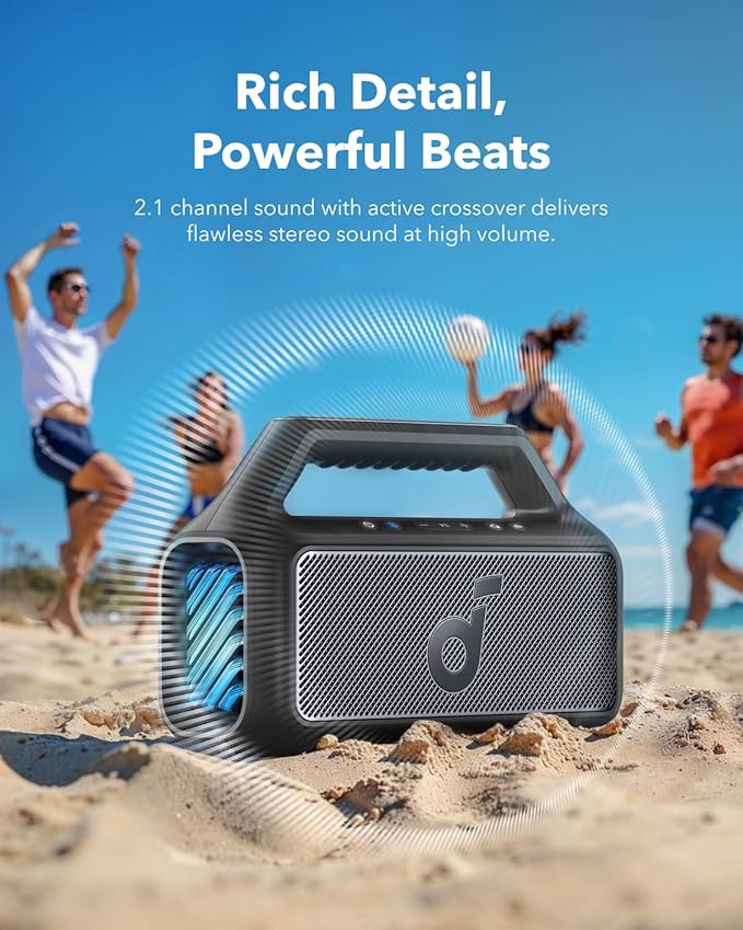 soundcore Boom 2 By Anker, Outdoor Speaker, 80W, Subwoofer, BassUp 2.0, 24H Playtime, IPX7 Waterproof, Floatable, RGB Lights, USB-C, Custom EQ, Bluetooth 5.3, Portable for Camping, Beach, and Backyard
