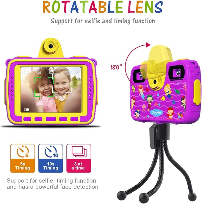 Ourlife Kids Waterproof Camera Gifts for Toddler, 1080P HD Digital Video Camera with 2.4'' IPS Screen, Fill Lights, Children Selfie Underwater Camera Toy for Little Girls with TF Card, Silicone Handle