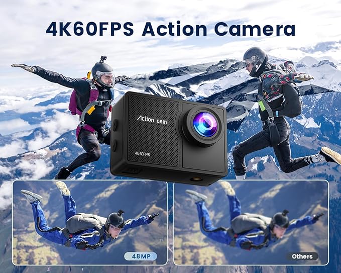 4K 60FPS Action Camera with 64GB Card-48MP Waterproof Camera,40M Underwater Camera,8X Zoom,EIS Stabilization,WiFi,Remote Control,MotorcycleCamera with 2 Rechargeable Batteries