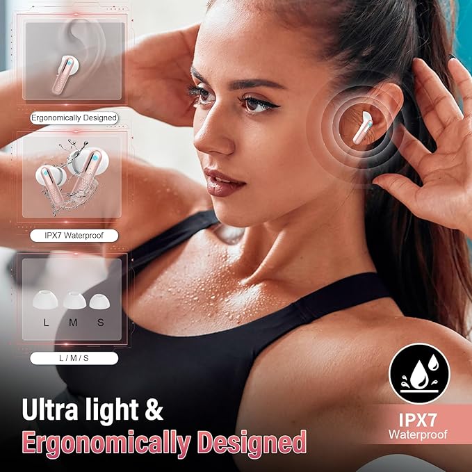 Wireless Earbuds, Bluetooth 5.4 Headphones with Multifunction Touch Screen, 48H Deep Bass Stereo Ear Buds, 5 EQ Modes, ANC/ENC Noise Cancelling, Transparency Mode, IPX7 Bluetooth Earbuds, Rosa