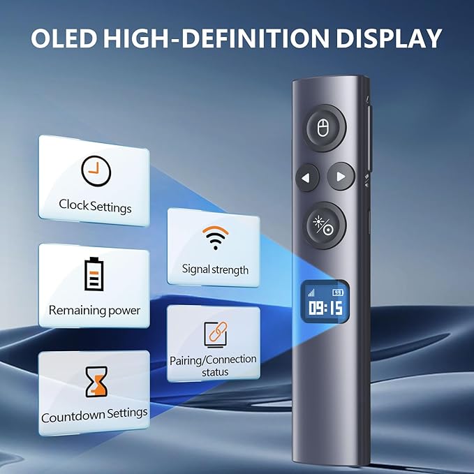 Norwii N95s BLE Presentation Clicker with Digital Pointer for PowerPoint Presentation on TV Screen and Projection Screen, Wireless Presenter Remote with Countdown Timer (Green Light-USB-C)