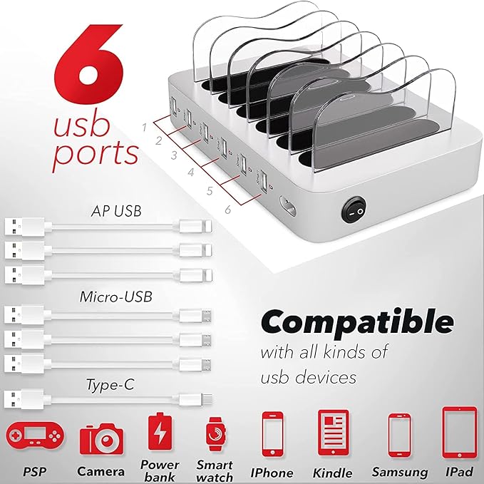USB Charging Station Dock - 6-Port - Fast Charge Docking Station for Multiple Devices - Multi Device Charger Organizer - Compatible with Apple iPad iPhone and Android Cell Phone and Tablet