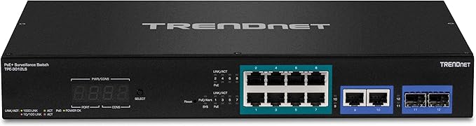 TRENDnet 12-Port Gigabit PoE+ Smart Surveillance Switch, TPE-3012LS, 8 x Gigabit PoE+ Ports, 2 x Gigabit Ports, 2 x SFP Slots, 110W PoE Budget, Managed Switch, Long Range PoE+ up to 200m (656 ft)