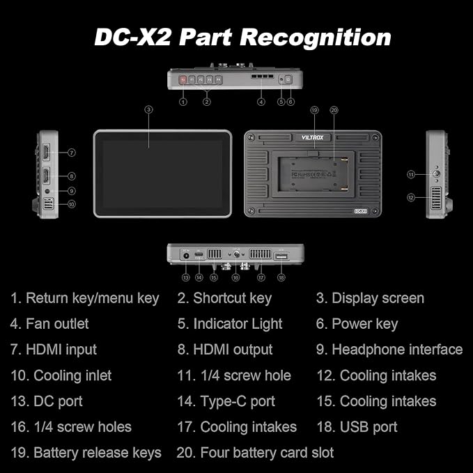 VILTROX DC-X2 6" Camera Field Monitors DCX2 for DSLR Touchscreen External Monitor 4k 2000nits X2 Monitor for Sony Canon Nikon 3D LUT 1920x1080 IPS with Sunshield 2200 MAh Battery