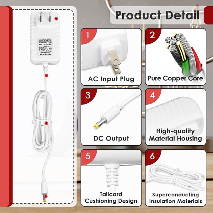 2 Pcs Power Cord for Alexa Dot 3rd / 4th / 5th Gen 2022, Echo Show White Charger Cable - 1.5M Long Power Adapter