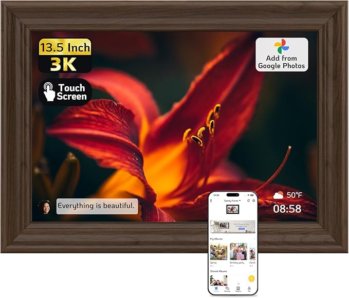 NexFoto 13.5 Inch Touchscreen Digital Picture Frame 3K Resolution, WiFi Digital Photo Frame 64GB, Add Photos from Google Photos, Easy to Share Photos/Videos via App/USB/Micro SD, Gifts for Mom, Walnut