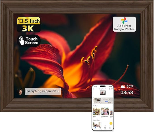 NexFoto 13.5 Inch Touchscreen Digital Picture Frame 3K Resolution, WiFi Digital Photo Frame 64GB, Add Photos from Google Photos, Easy to Share Photos/Videos via App/USB/Micro SD, Gifts for Mom, Walnut