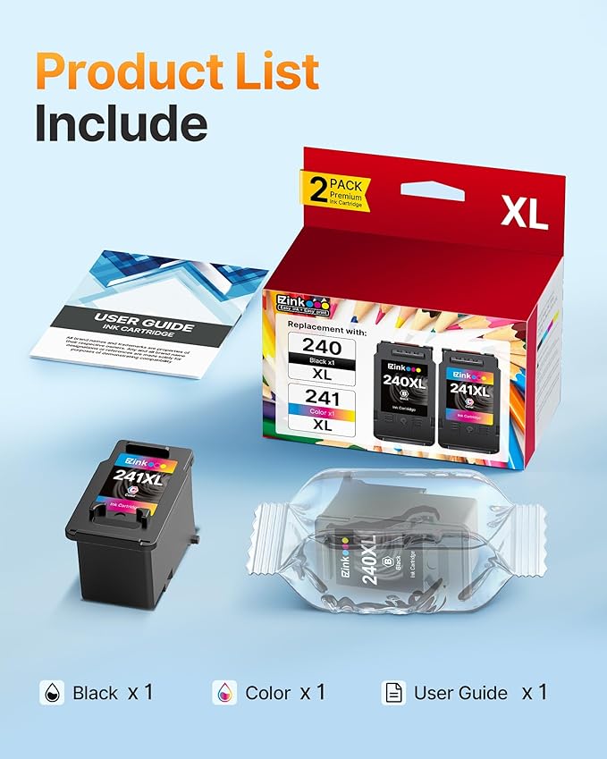 240XL 241XL Ink Cartridge Replacement for Canon 240XL 241XL Combo Pack, PG-240XL CL-241XL Works with PIXMA TS5120 MG2120 MG3620 MG3520 MG3522 MX452 MX472 MX512 MX532 Printer, 2 Pack