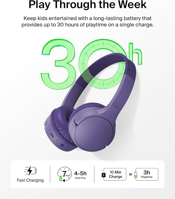 Belkin SoundForm Mini - Wireless Bluetooth Kids Headphones, 30H Battery, 85dB Safe Volume Limit, Built-in Microphone - Toddler On-Ear Earphones for iPhone, iPad - Ideal for School - Purple w/Case