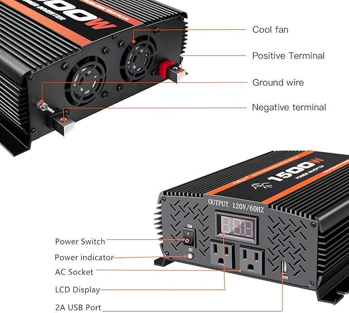 1500W Inverter 12V DC to 110V AC Converter for Home, RV, Truck, Off-Grid Solar Power Inverter with Built-in 5V/2.1A USB, AC Hardwire Port, Remote Controller