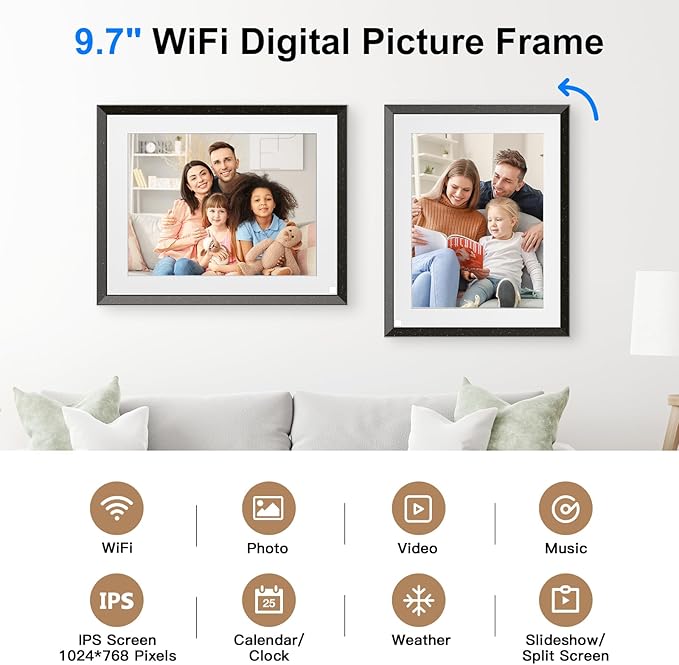 Smart Digital Picture Frame WiFi-Cloud-Photo-Frame - 9.7 inch IPS Touch Screen Digital Frame 32GB, Motion Sensor, Auto Rotate, Full Function, Share Photo Video via App Email Anywhere, Gift for Mom Dad