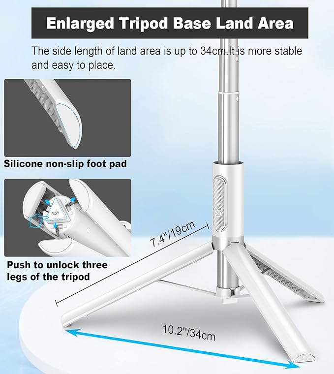 TONEOF 67" Travel Tripod,Selfie Stick,All-in-1 Phone Stand with Integrated Wireless Remote,Lightweight and Portable,Extendable for iPhone and Android(White)