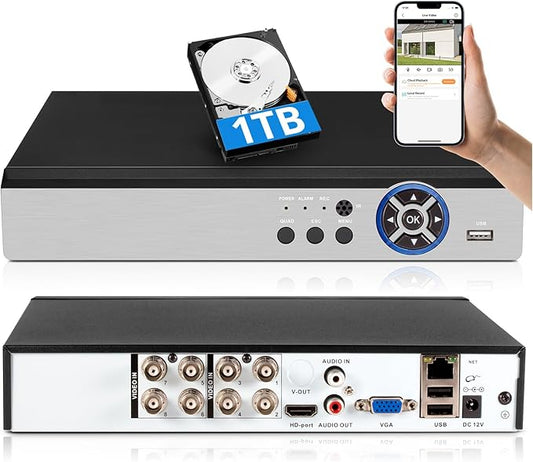 8 Channel 5MP H.265+ Security DVR Recorder with AI Human Detection, 8CH Hybrid 6-in-1 CCTV DVR for Surveillance Camera, Supports 8CH Analog and IP Cameras, Mobile APP & PC Remote(1TB Hard Drive)