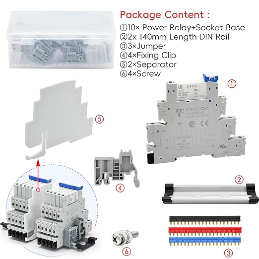 (10Pcs) 12V Relay Din Rail; Silm Relay 12V DC/AC 6Amp 5Pin 1NO 1NC SPDT with LED Indicator, Socket, Jumper DIN Rail Mount 12 Volt UL Certification