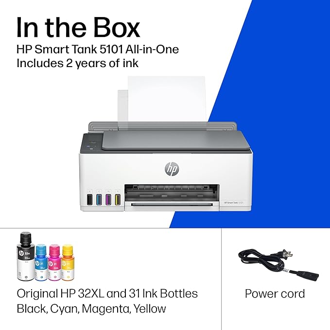 HP Smart Tank 5101 Wireless All-in-One Ink Tank Printer, Scanner, Copier with 2 years of ink, Best-for-home, Refillable, AI-enabled (1F3Y0A)