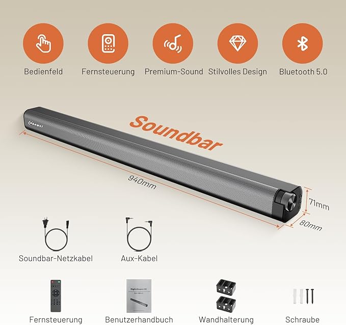 Chaowei Sound Bar for Smart TV 37 Inch 120W Bluetooth 5.0 Speaker with Builtin Subwoofers, 2.1Ch 3D Surround Sound System with 8 Speakers,7 Sound Modes,4EQ,AUX/HDMI ARCOPT\USBBT Connect