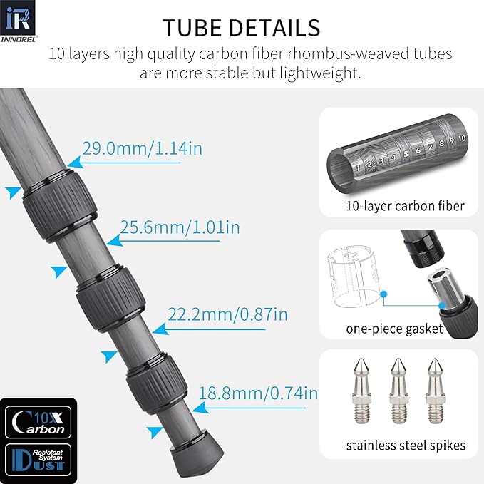 Carbon Fiber Tripod-RT75CG Super Professional Tripod Monopod Heavy Duty Compact Stand Support with 44mm/1.73in Low Gravity Center 360°Panoramic ballhead for Digital DSLR Camera, max Load 20kg/44lb