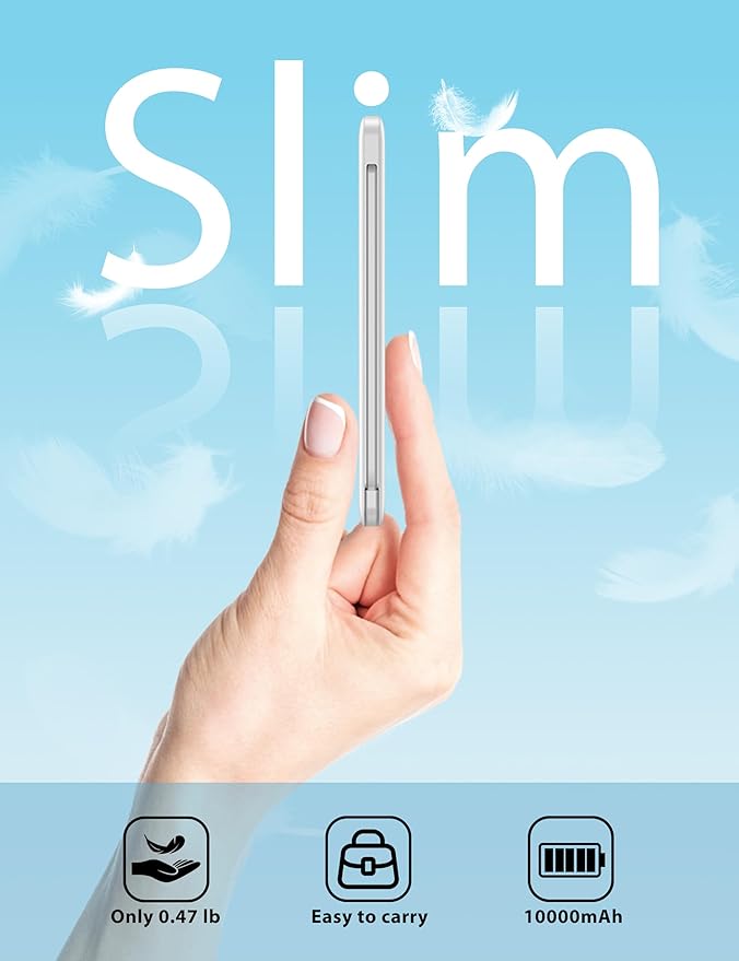 miisso 10000mAh Slim Portable Charger with Built in Cable, Power Bank Travel Charger External Battery Pack for Phone, 4 Output USB Type C Cord Clutch Charger Compatible with iPhone, White